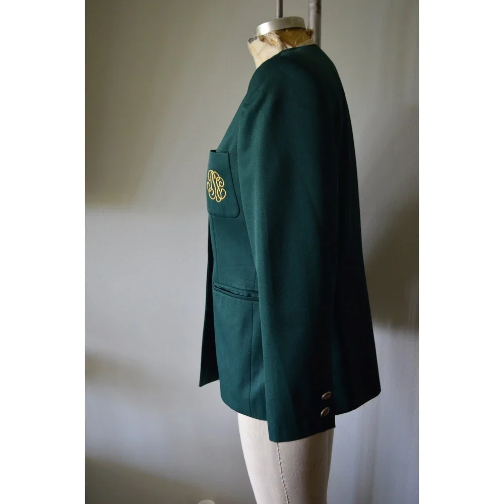 Vintage 80s Dark Green tailored green Woman Double breasted blazer - Picture 7 of 8